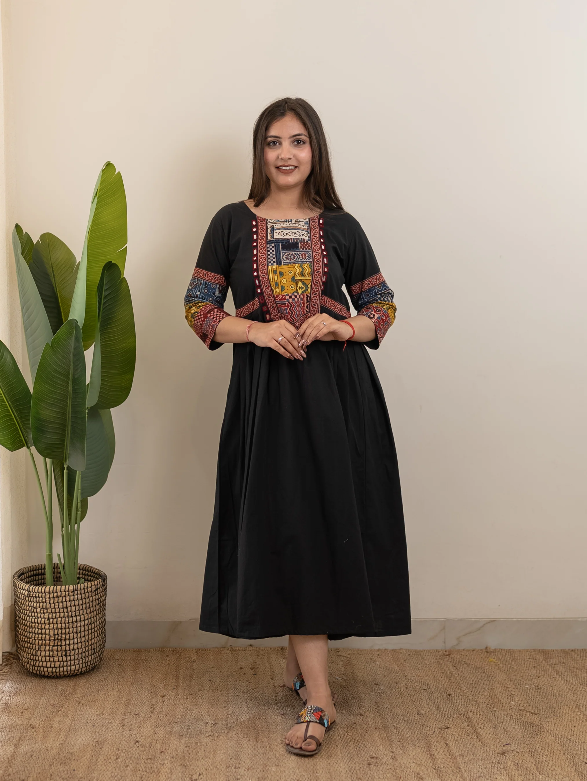 Yashi Black Cotton Ajrakh Embroidered A-line Kurta - Image 2