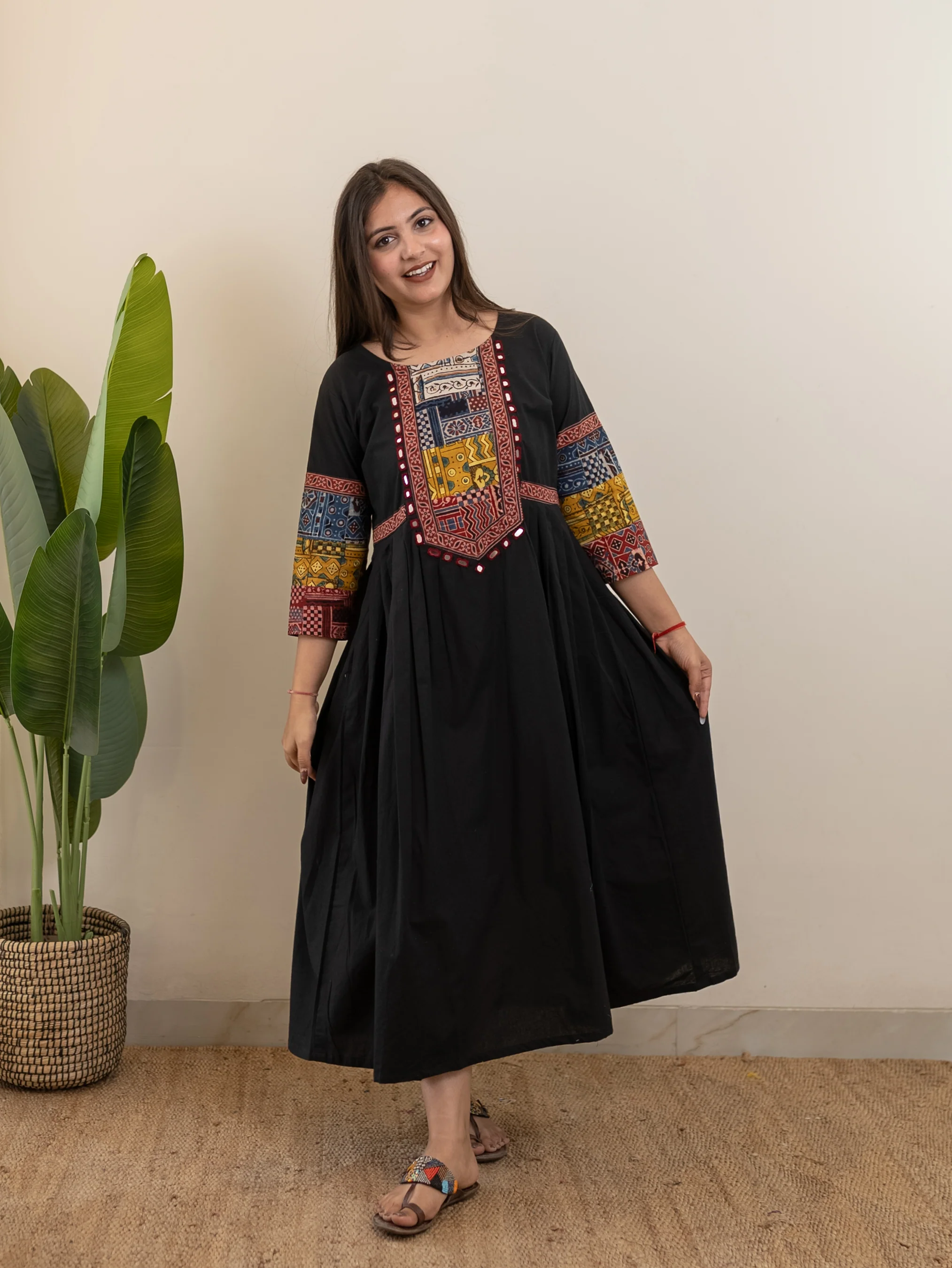 Yashi Black Cotton Ajrakh Embroidered A-line Kurta - Image 3
