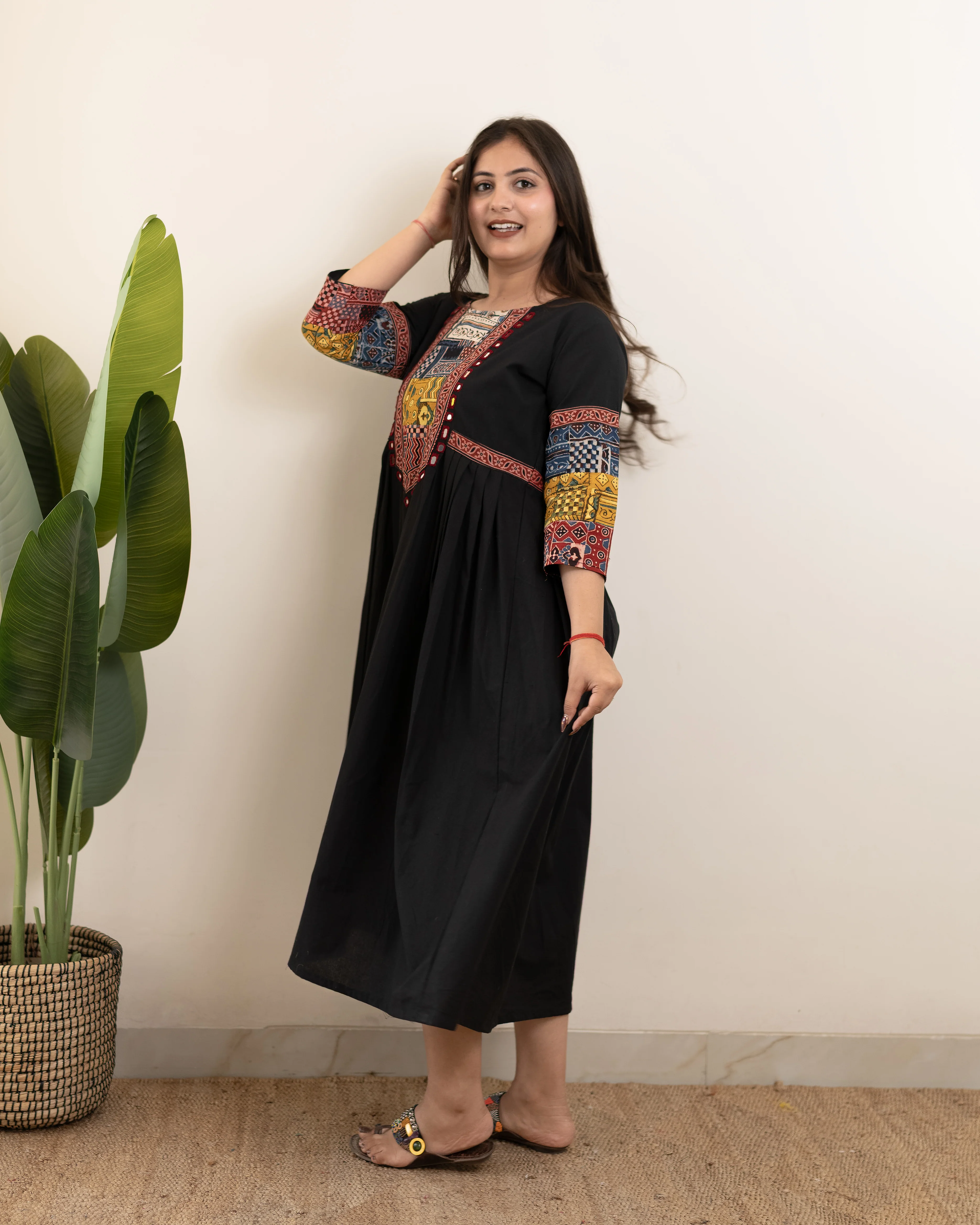 Yashi Black Cotton Ajrakh Embroidered A-line Kurta - Image 4