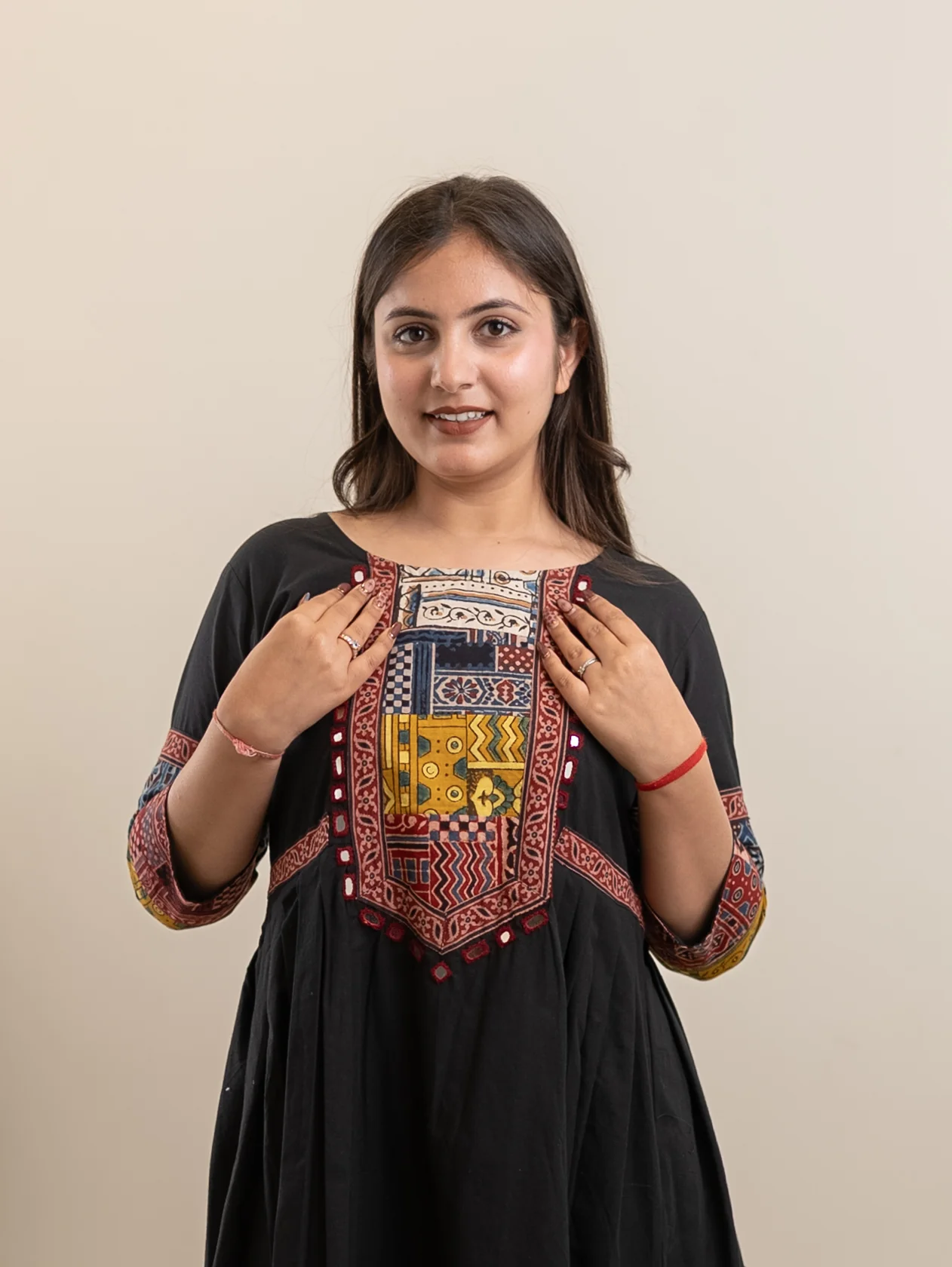 Yashi Black Cotton Ajrakh Embroidered A-line Kurta - Image 9