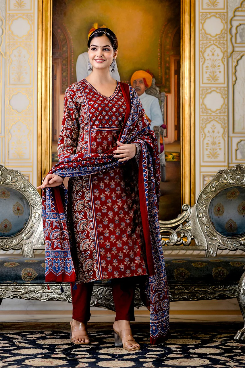 Yashi Cotton Handblock Embroidered Pant Set - Image 4