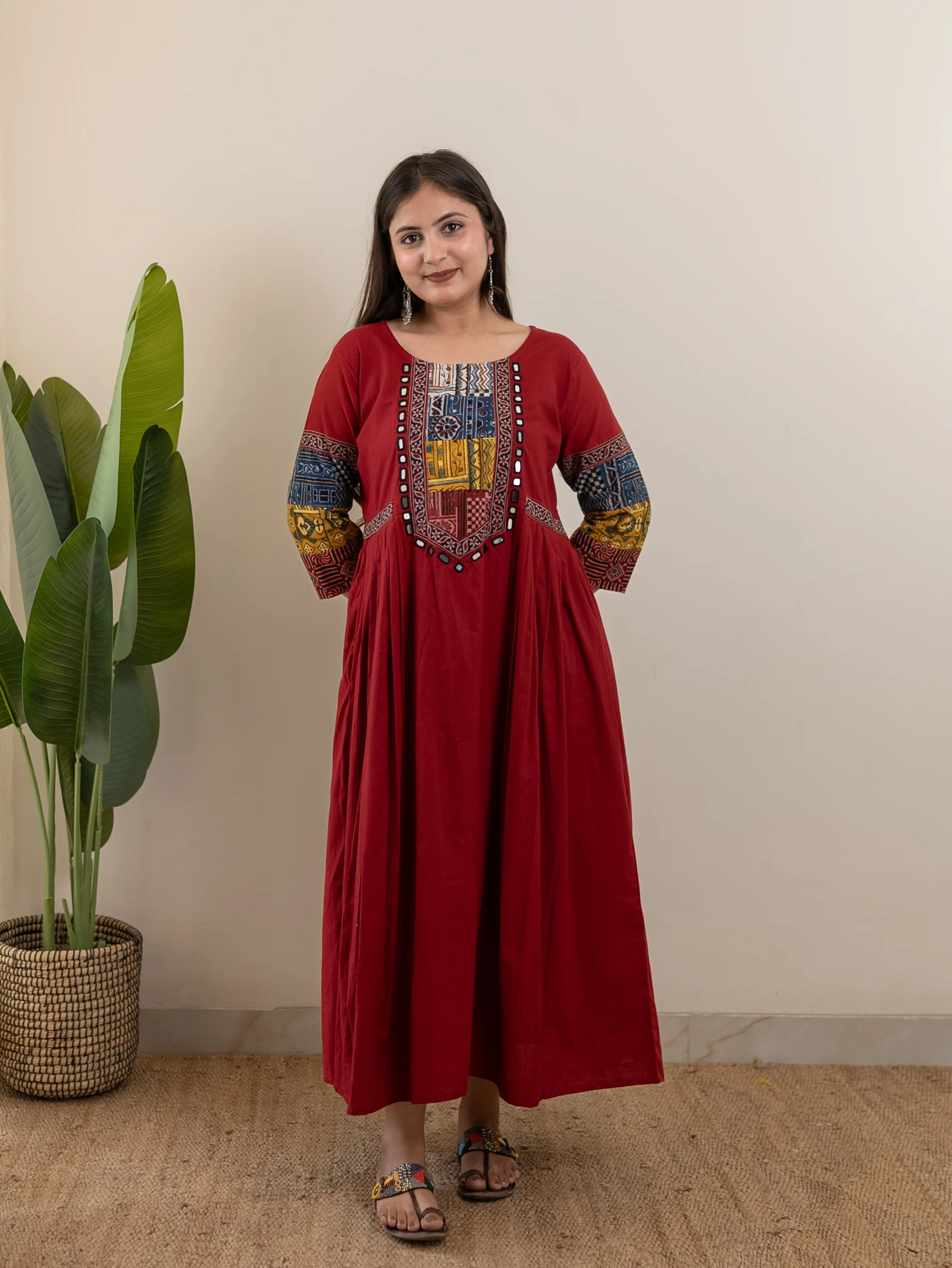 Yashi Red Cotton Ajrakh Embroidered A-line Kurta