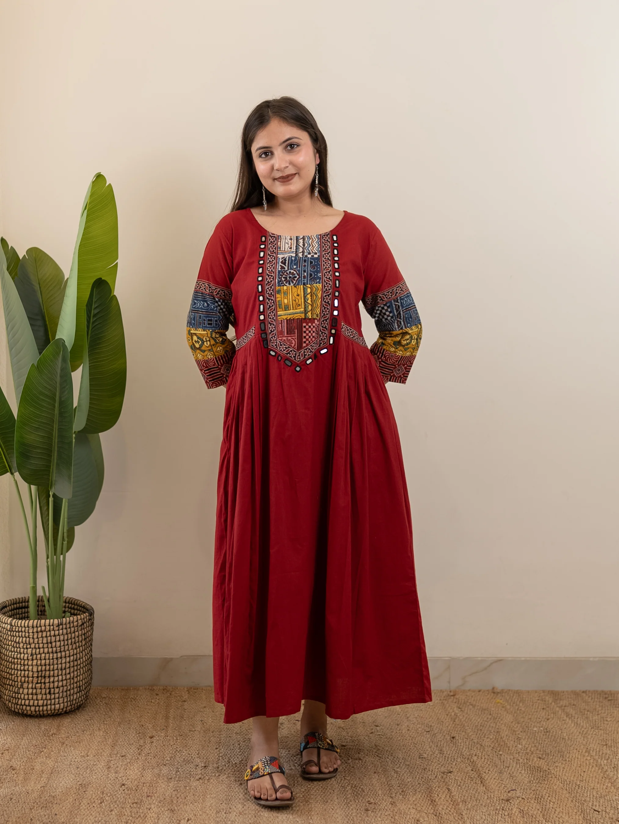 Yashi Red Cotton Ajrakh Embroidered A-line Kurta - Image 3