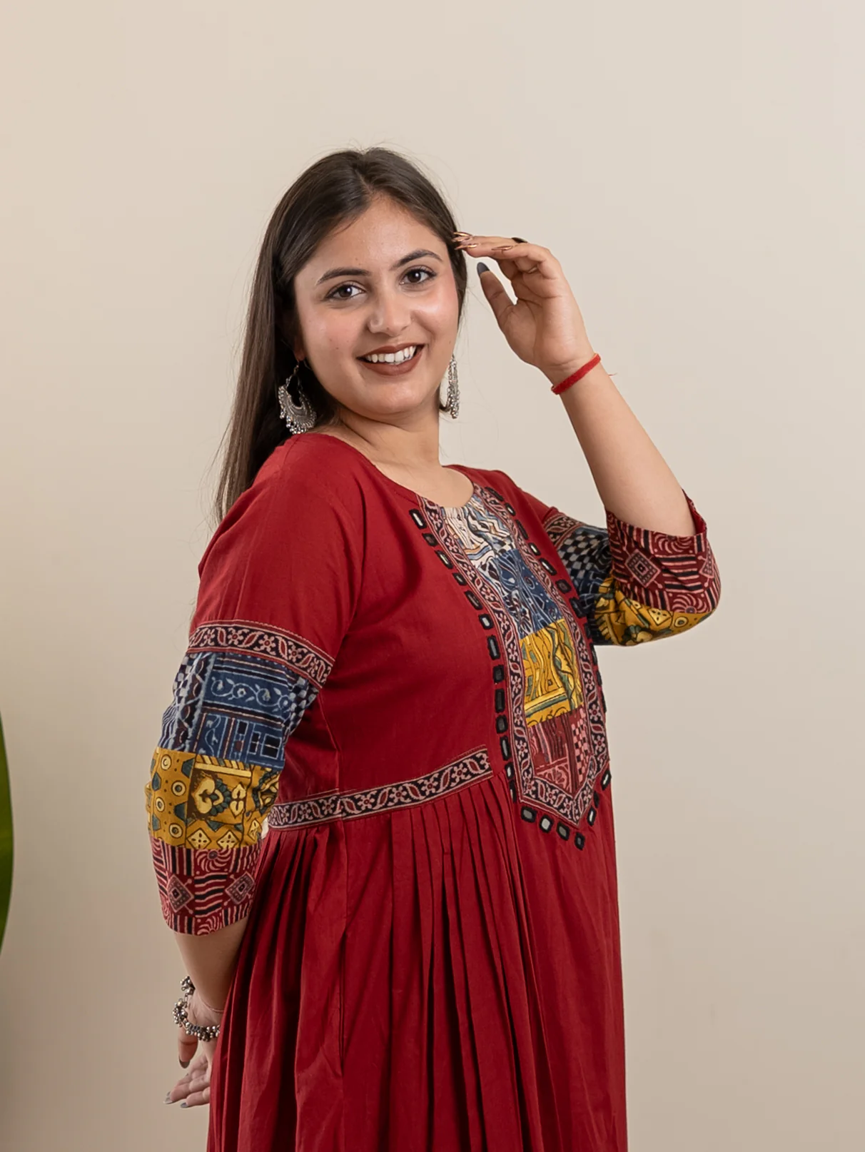 Yashi Red Cotton Ajrakh Embroidered A-line Kurta - Image 5