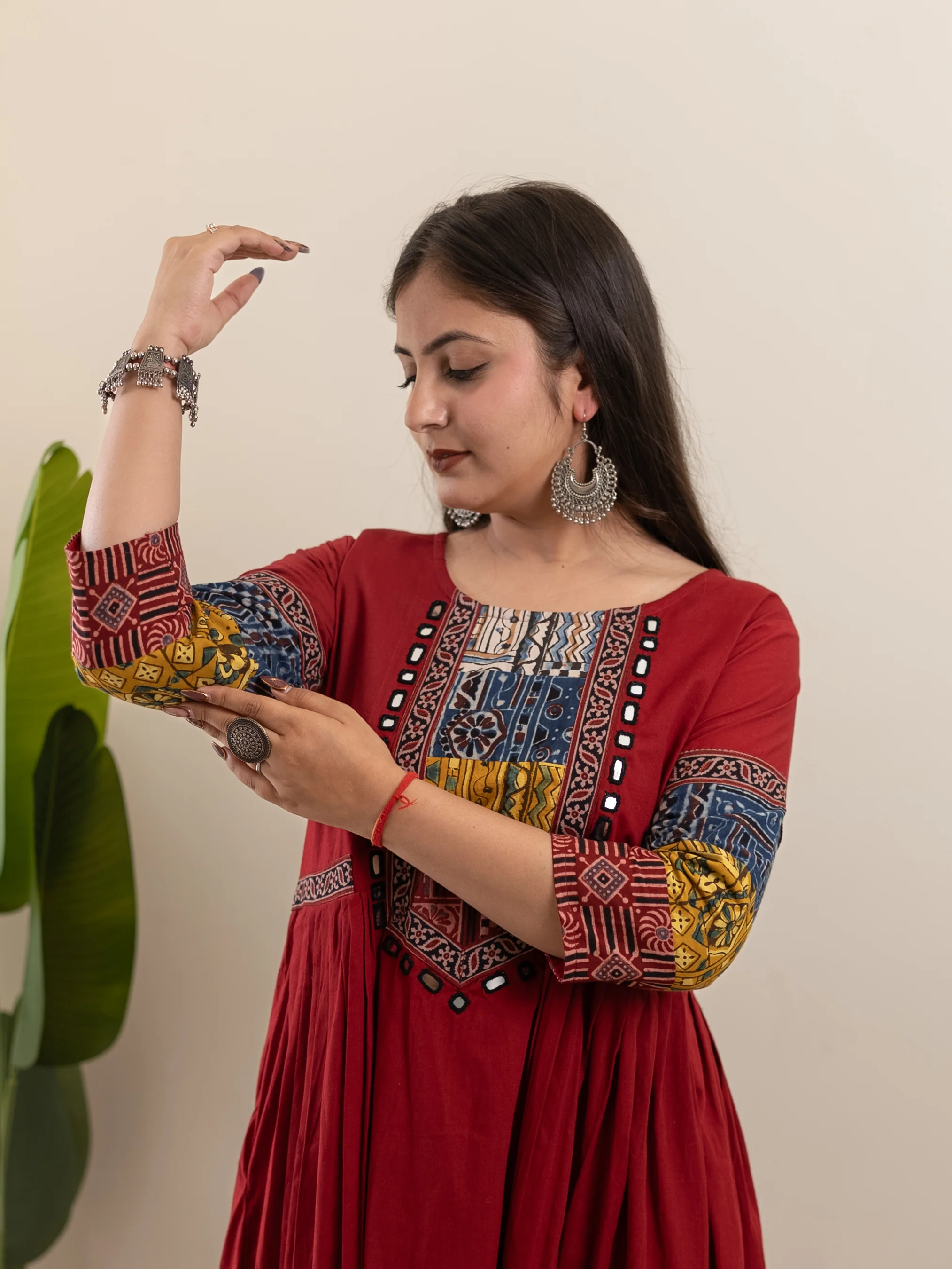 Yashi Red Cotton Ajrakh Embroidered A-line Kurta - Image 6