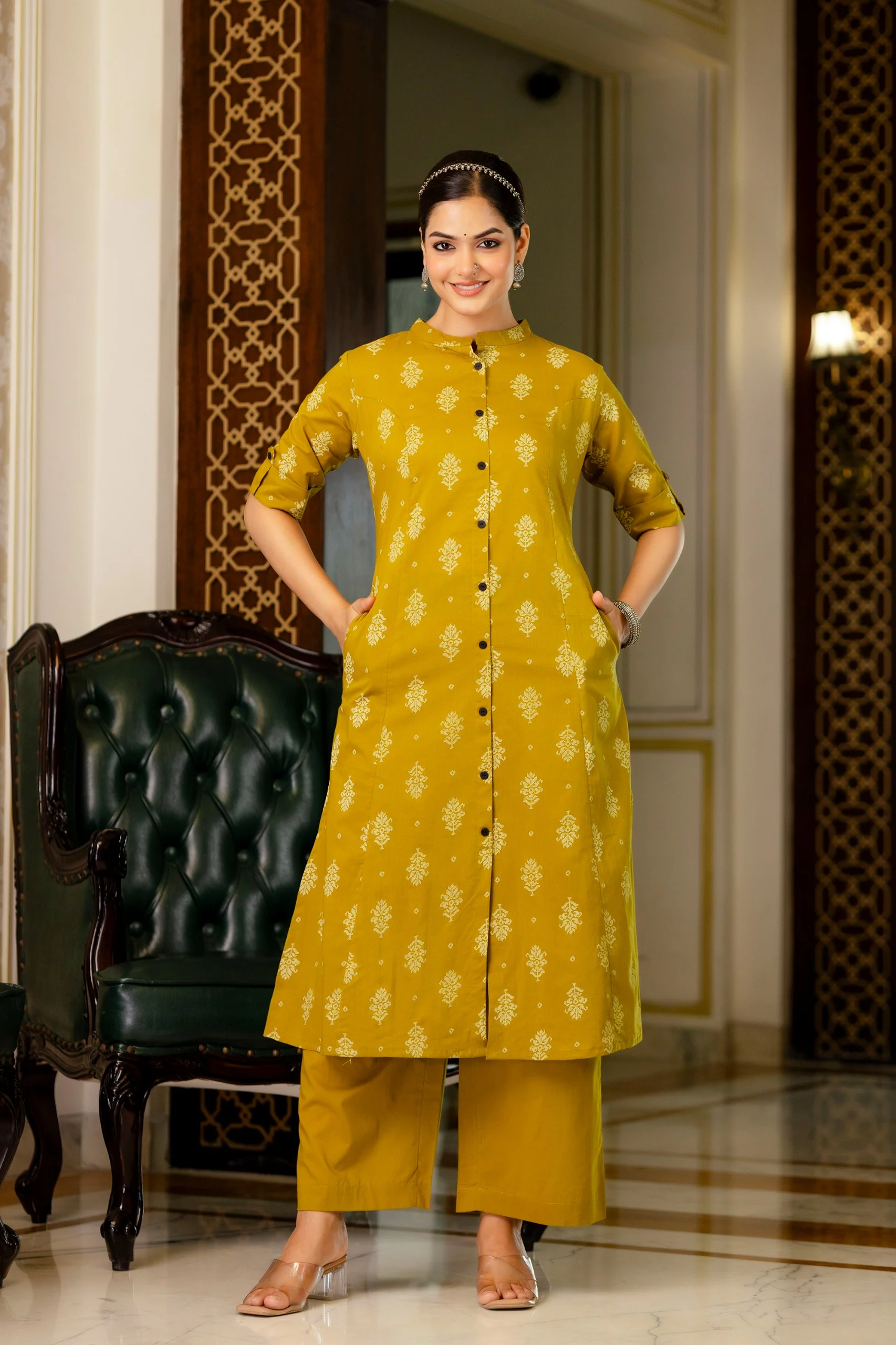 Yellow Jamdani Cotton A-line Coord Set - Image 3