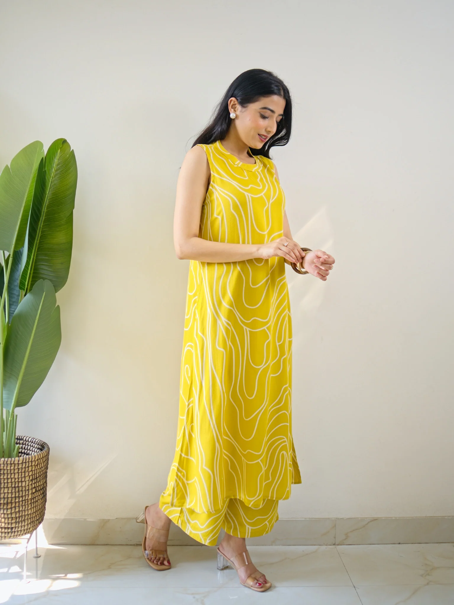 Yellow Rayon Geometric Print A-line Coord Set - Image 3