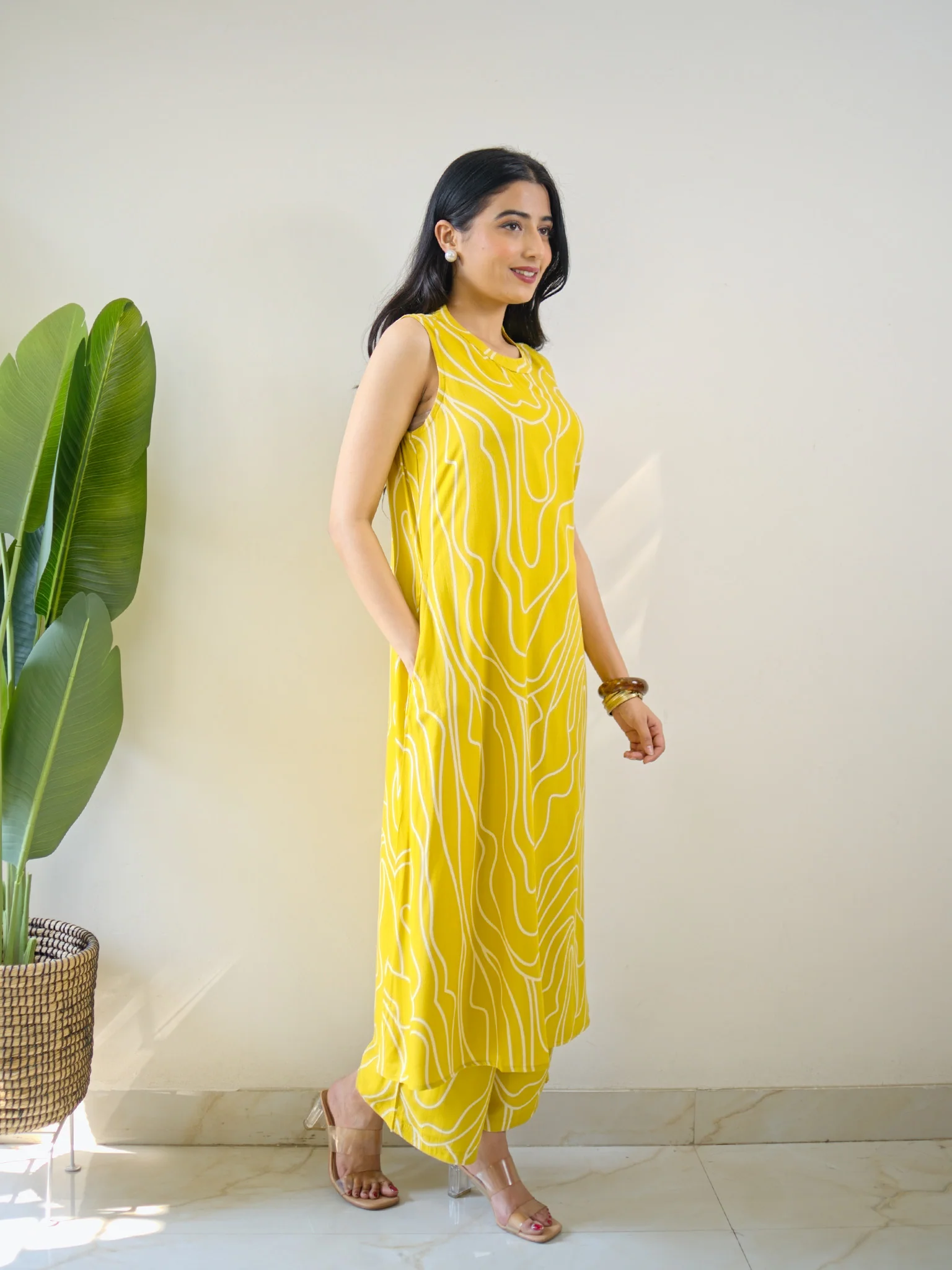 Yellow Rayon Geometric Print A-line Coord Set - Image 4