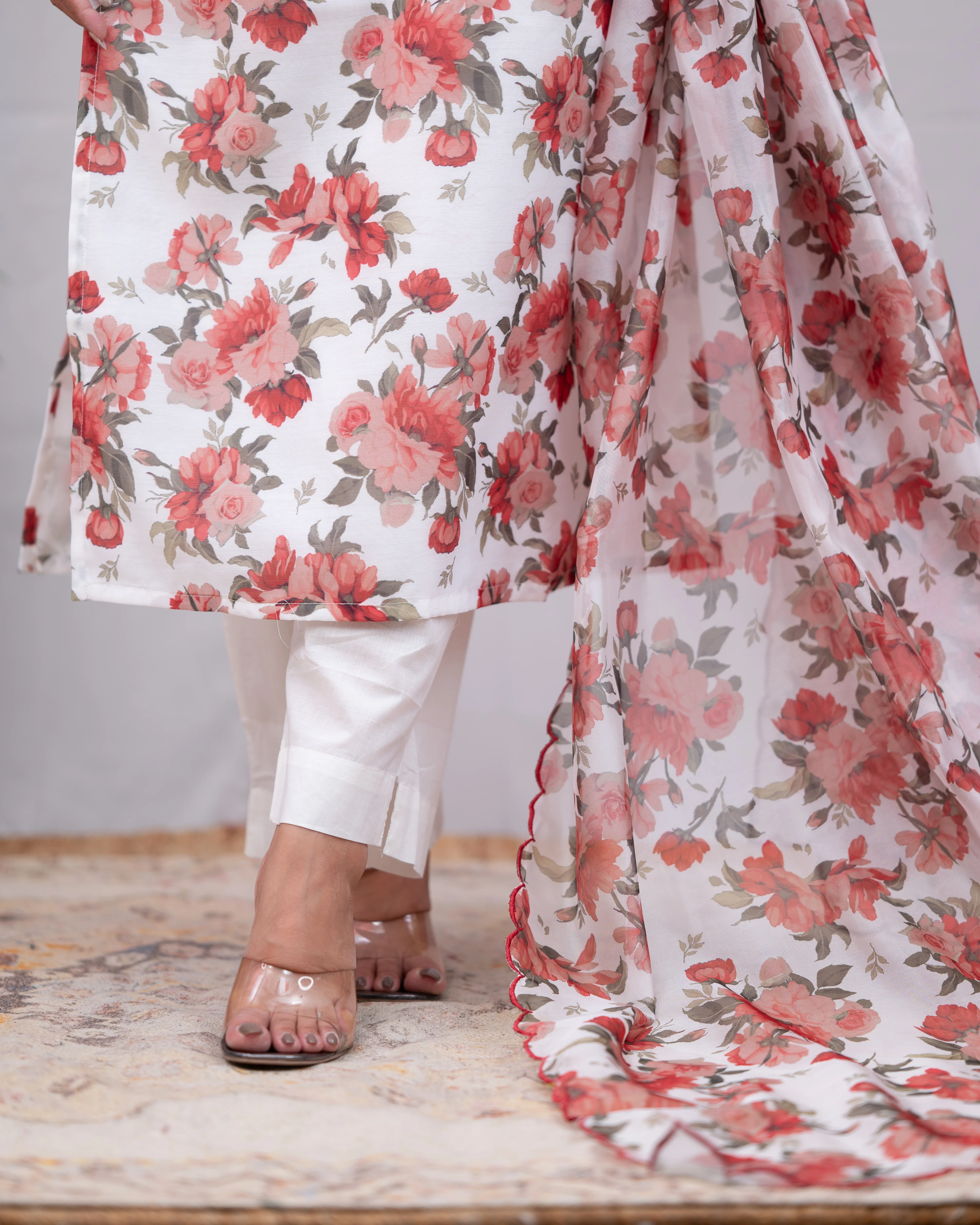 Zaina White Floral Organza Pant Set - Image 7