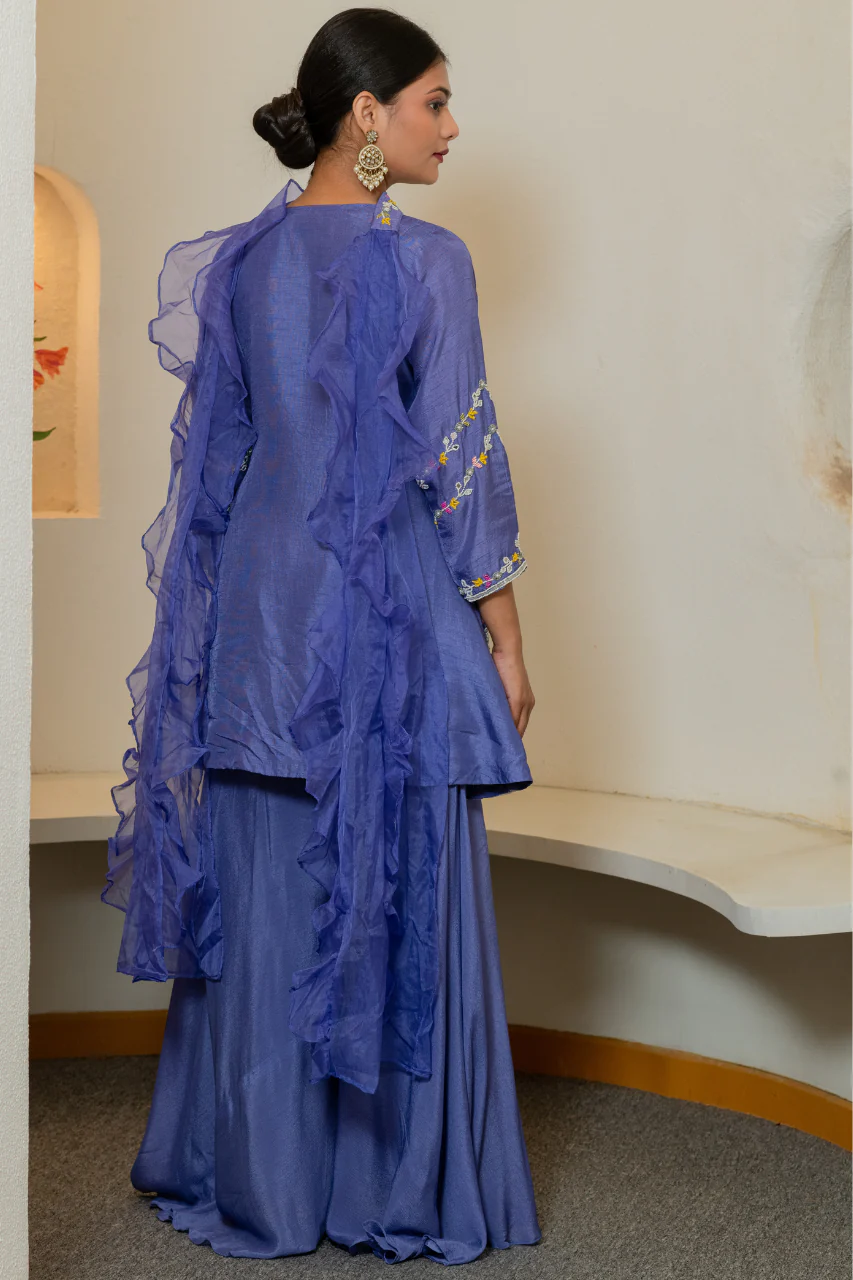 ‘Zainit’ Silk Hand Embroidered Sharara Set - Image 3