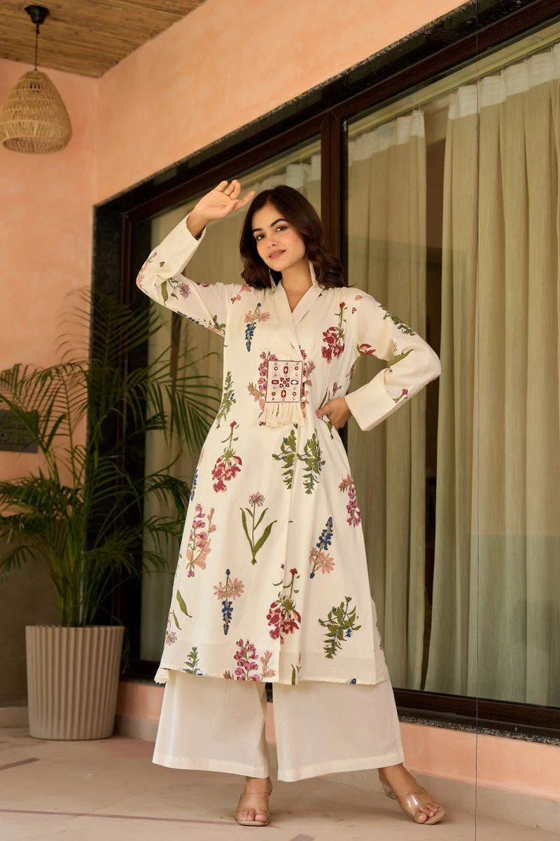 Zerina Cotton Angrakha Hand Detailed Cotton Pant Set - Image 9