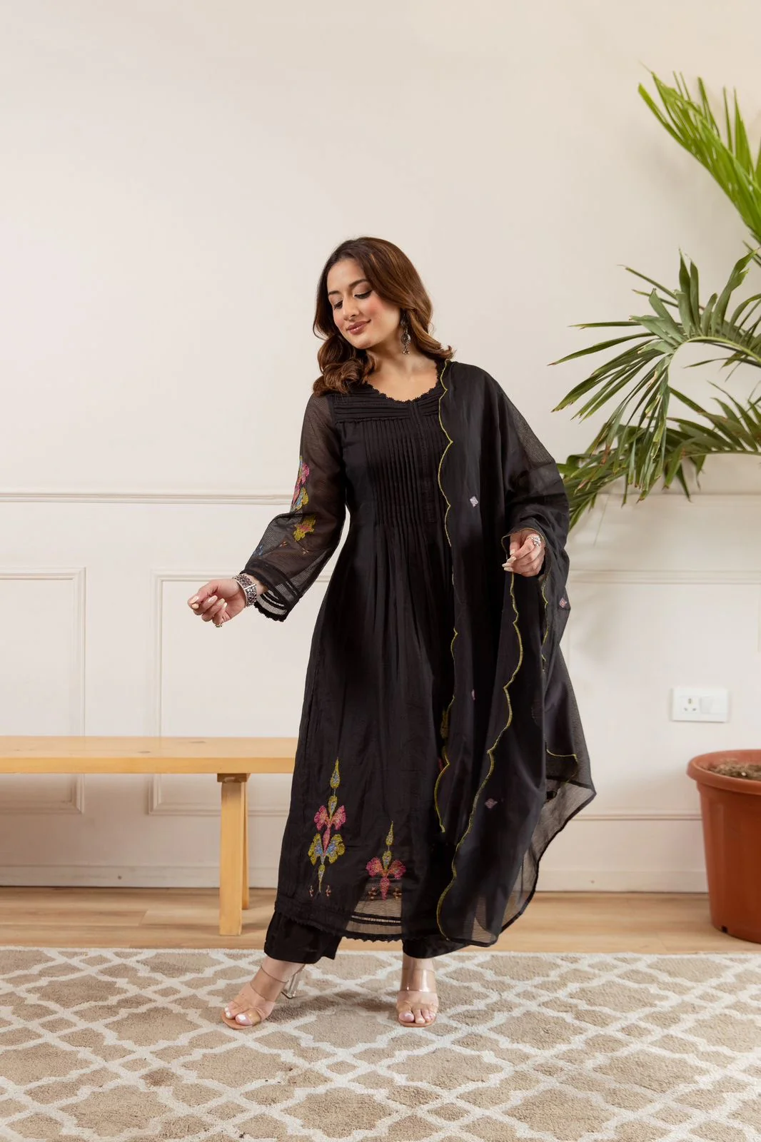 Zina Black Net Chanderi Embroidered Anarkali Set - Image 3