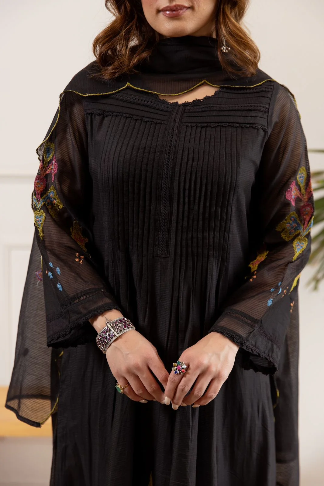 Zina Black Net Chanderi Embroidered Anarkali Set - Image 4
