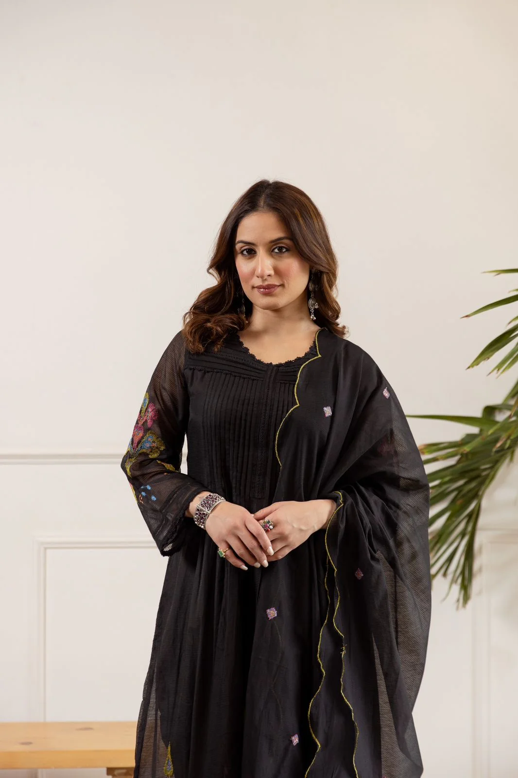 Zina Black Net Chanderi Embroidered Anarkali Set - Image 5