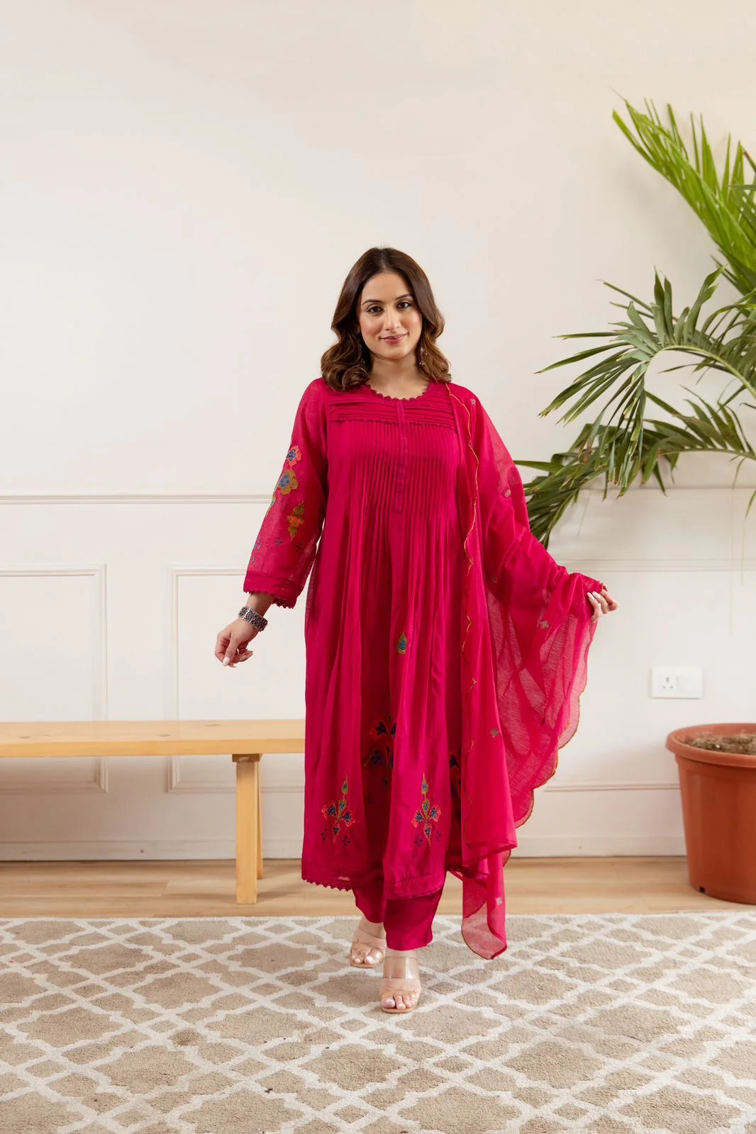 Zina Pink Net Chanderi Embroidered Anarkali Set - Image 3