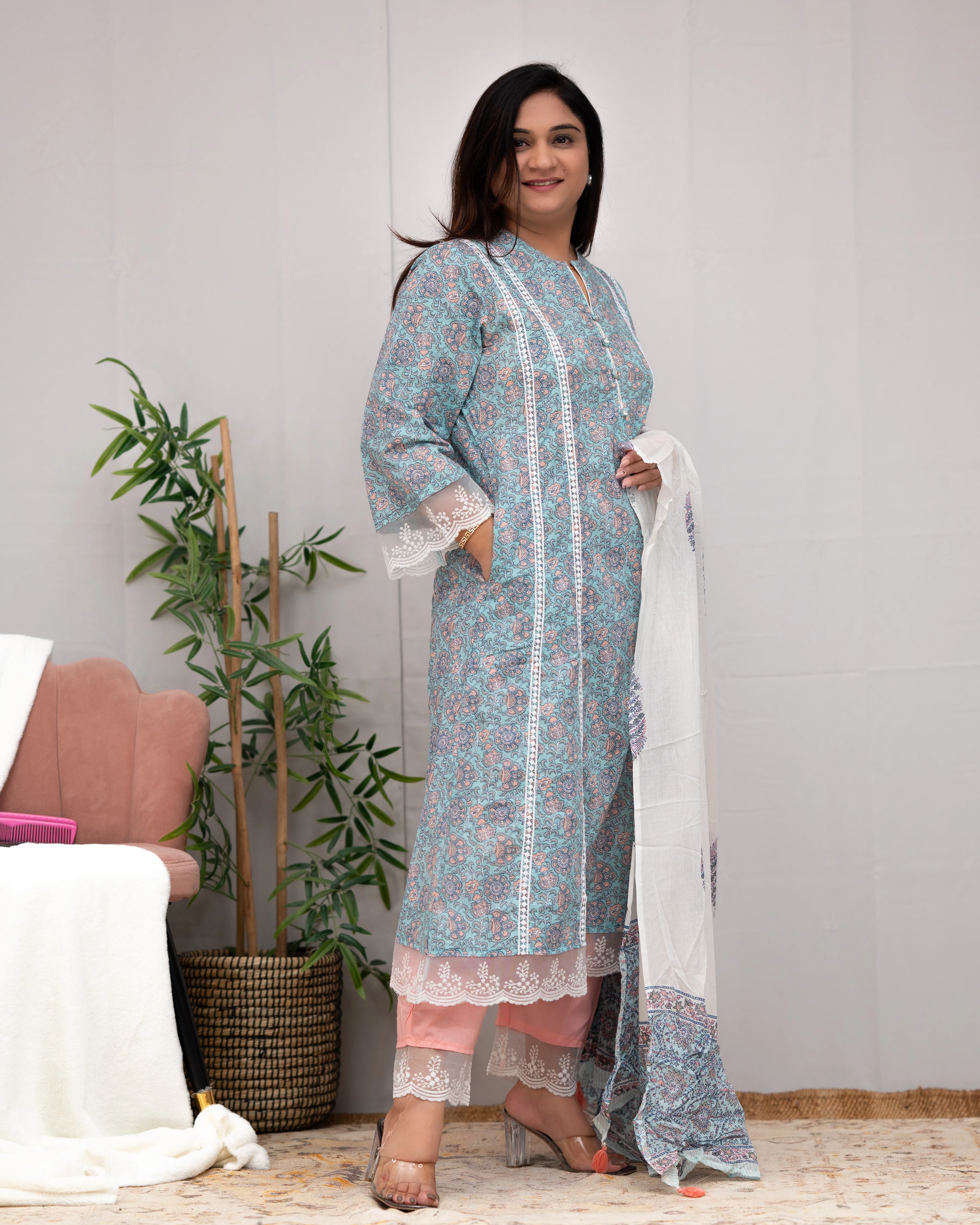 Zoha Cotton A-line Pakistani Suit with Lace Detailing - Image 13