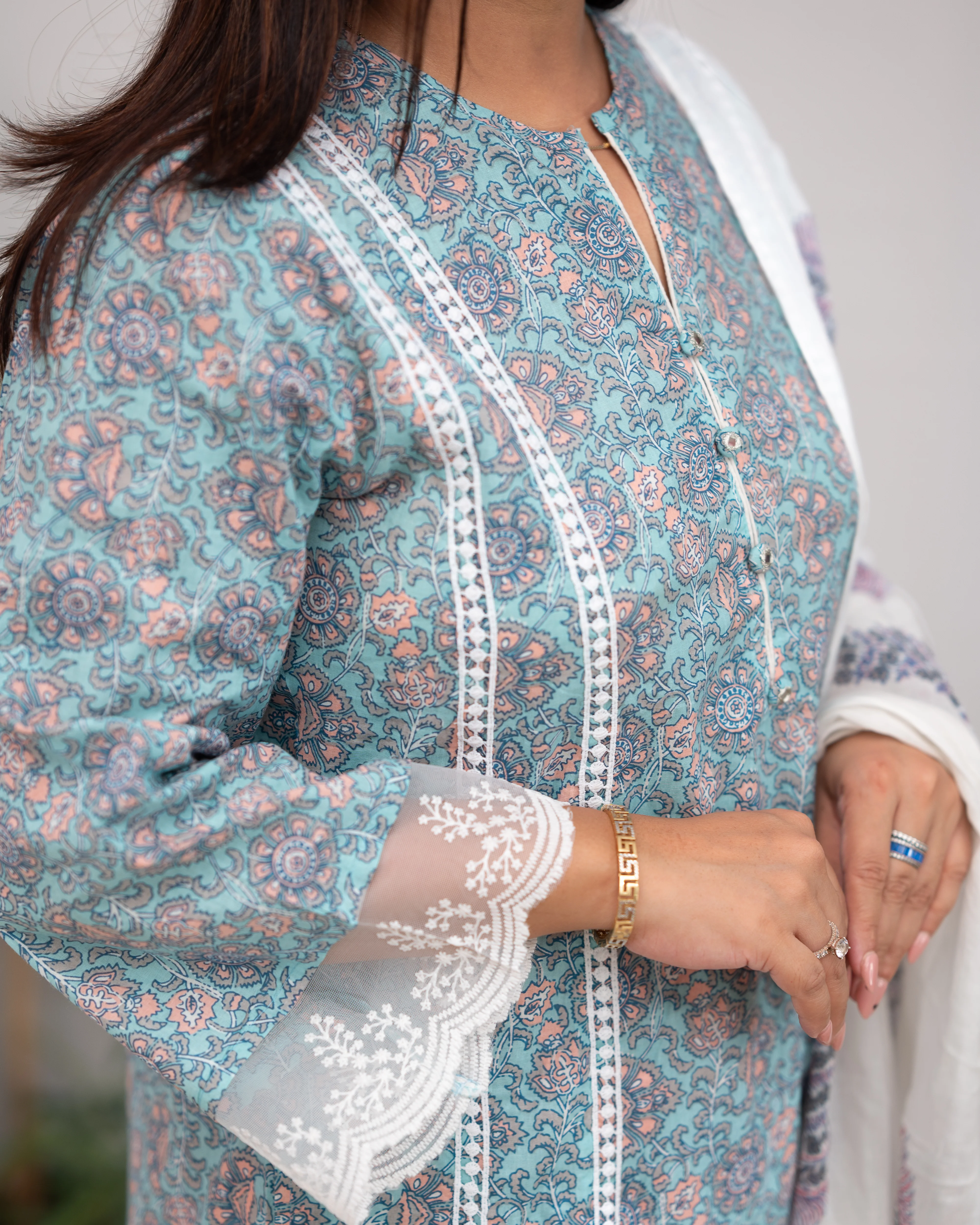 Zoha Cotton A-line Pakistani Suit with Lace Detailing - Image 15