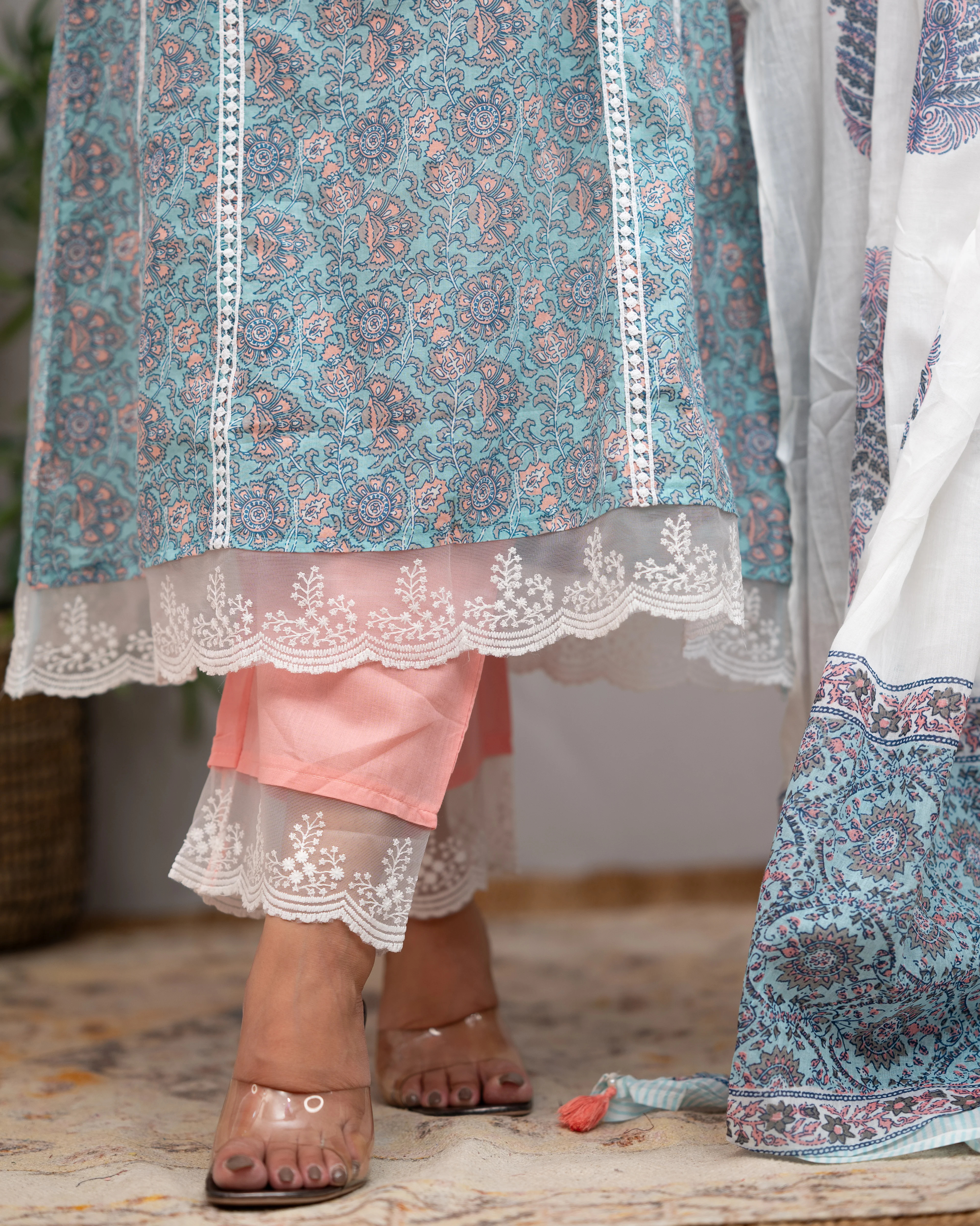 Zoha Cotton A-line Pakistani Suit with Lace Detailing - Image 16